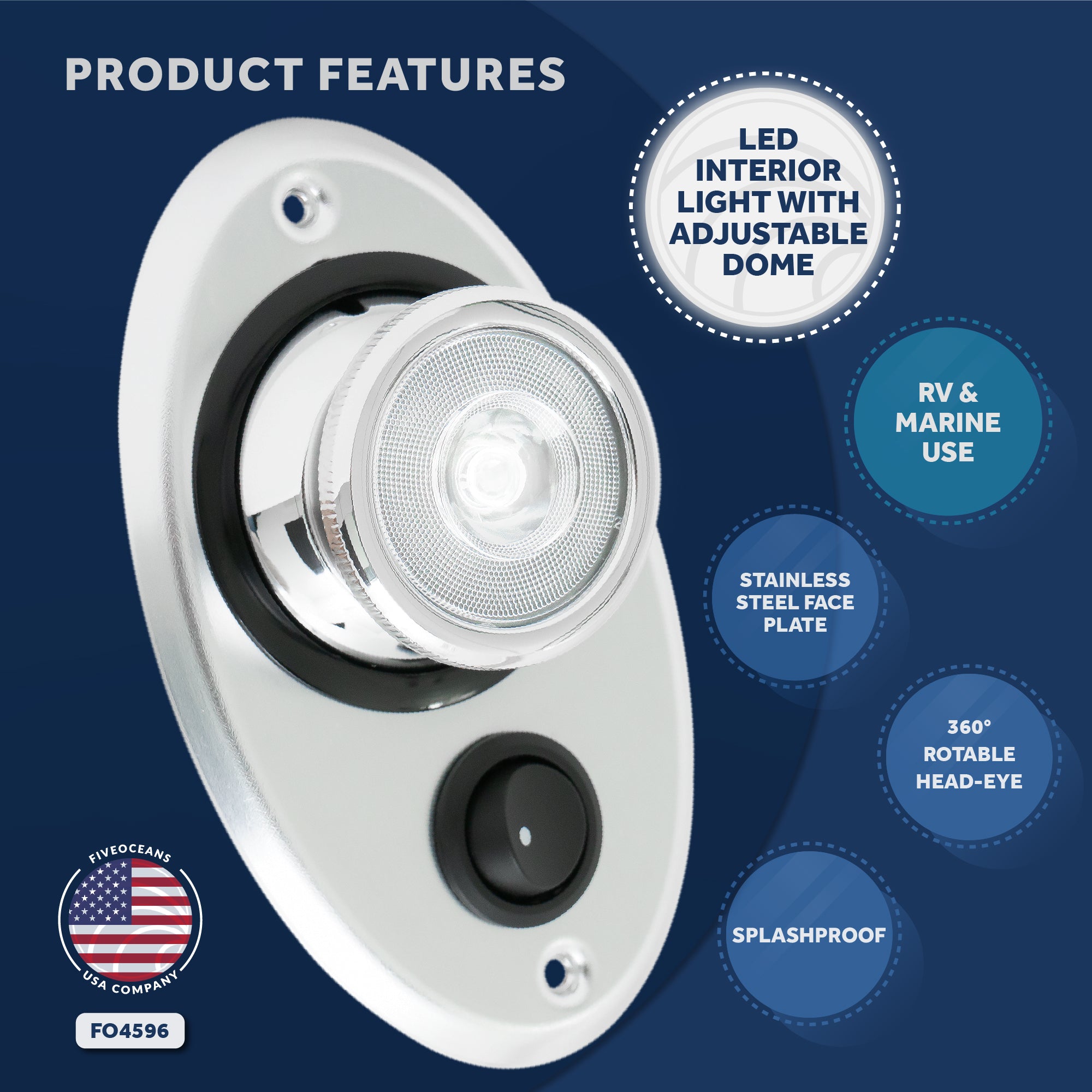 Interior LED light with Adjustable 360 Degree Eye-Balled Rotation, On/Off Rocker Switch - FO4596