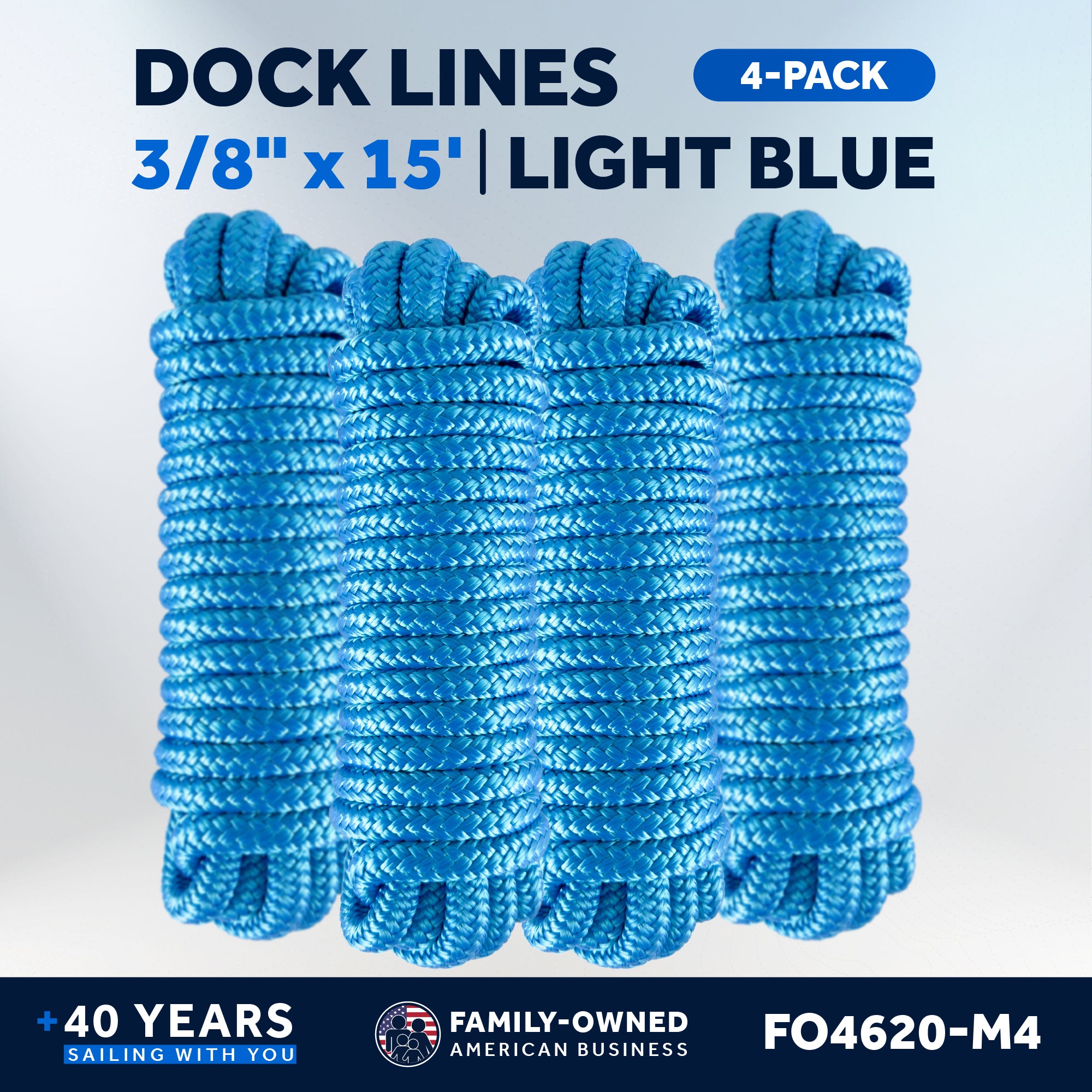 Dock Lines, 3/8" x 15', Light Blue Nylon Double Braided with 12" Eyelet, 4-Pack - FO4620-M4