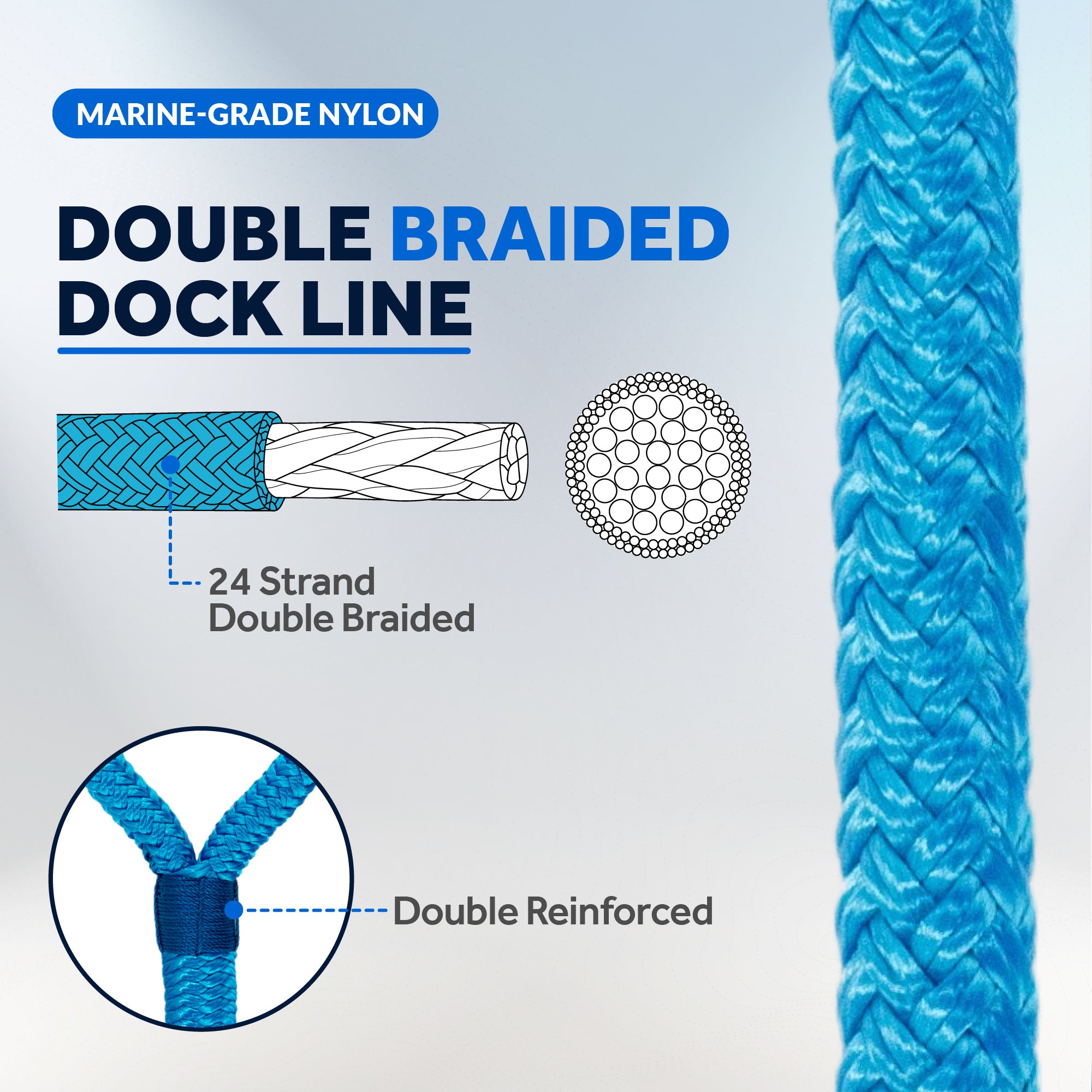 Dock Lines, 1/2" x 20', Light Blue Nylon Double Braided with 12" Eyelet, 4-Pack - FO4621-M4