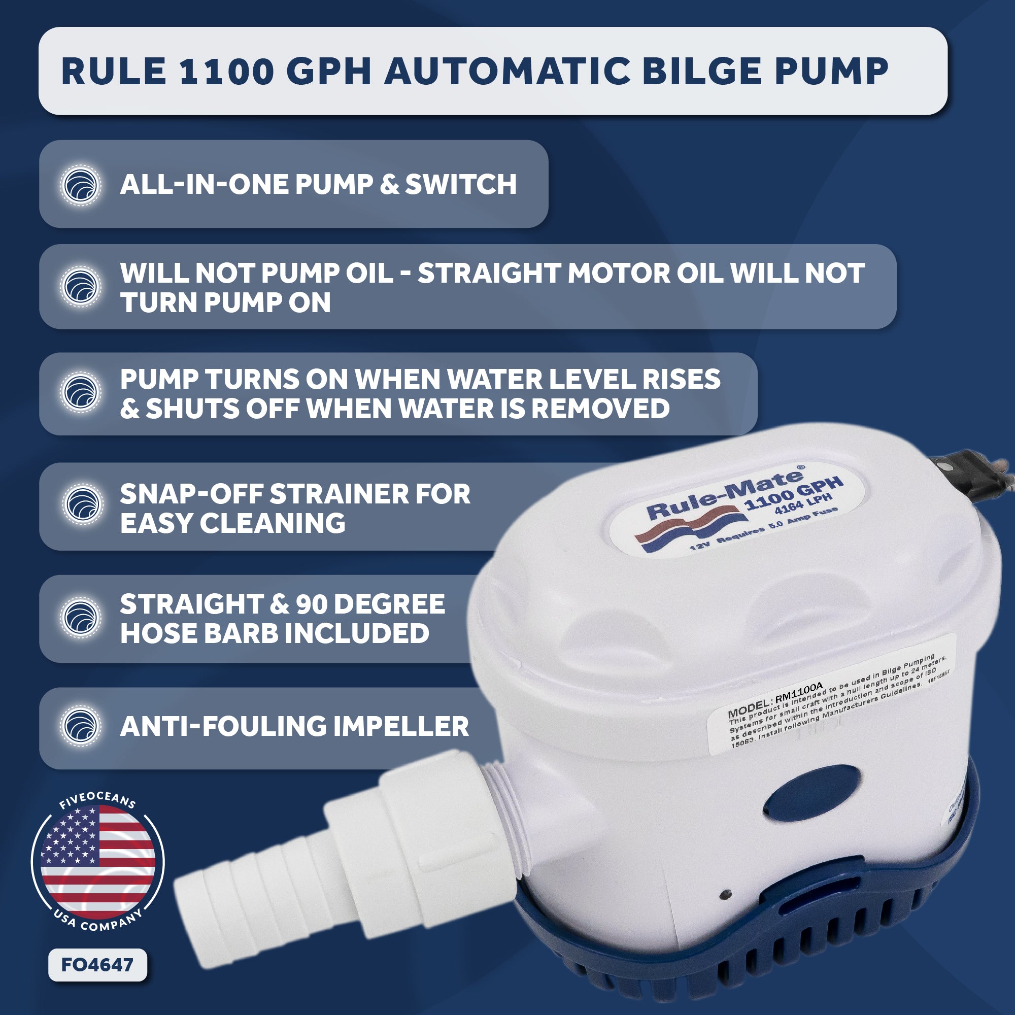 Automatic Bilge Pump  1100 GPH / 4164 LPH, 1 1/8" Outlet, Model RM500A - FO4647