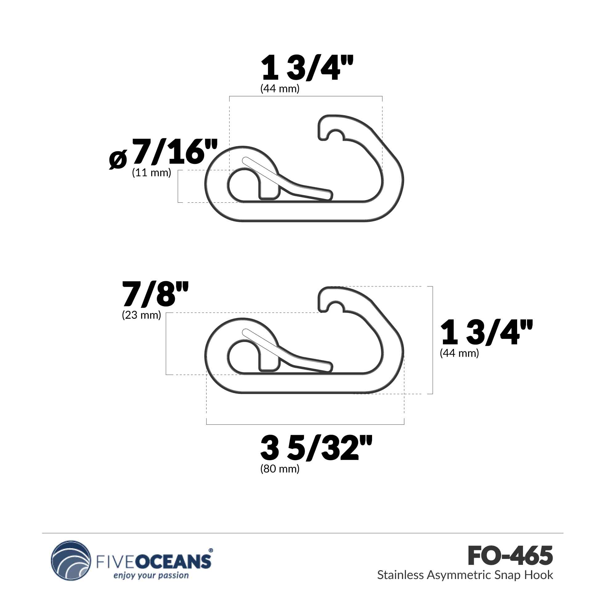 Asymmetric Snap Hook, Stainless Steel, 3-1/8" 4-Pack - FO465-M4 - Five Oceans