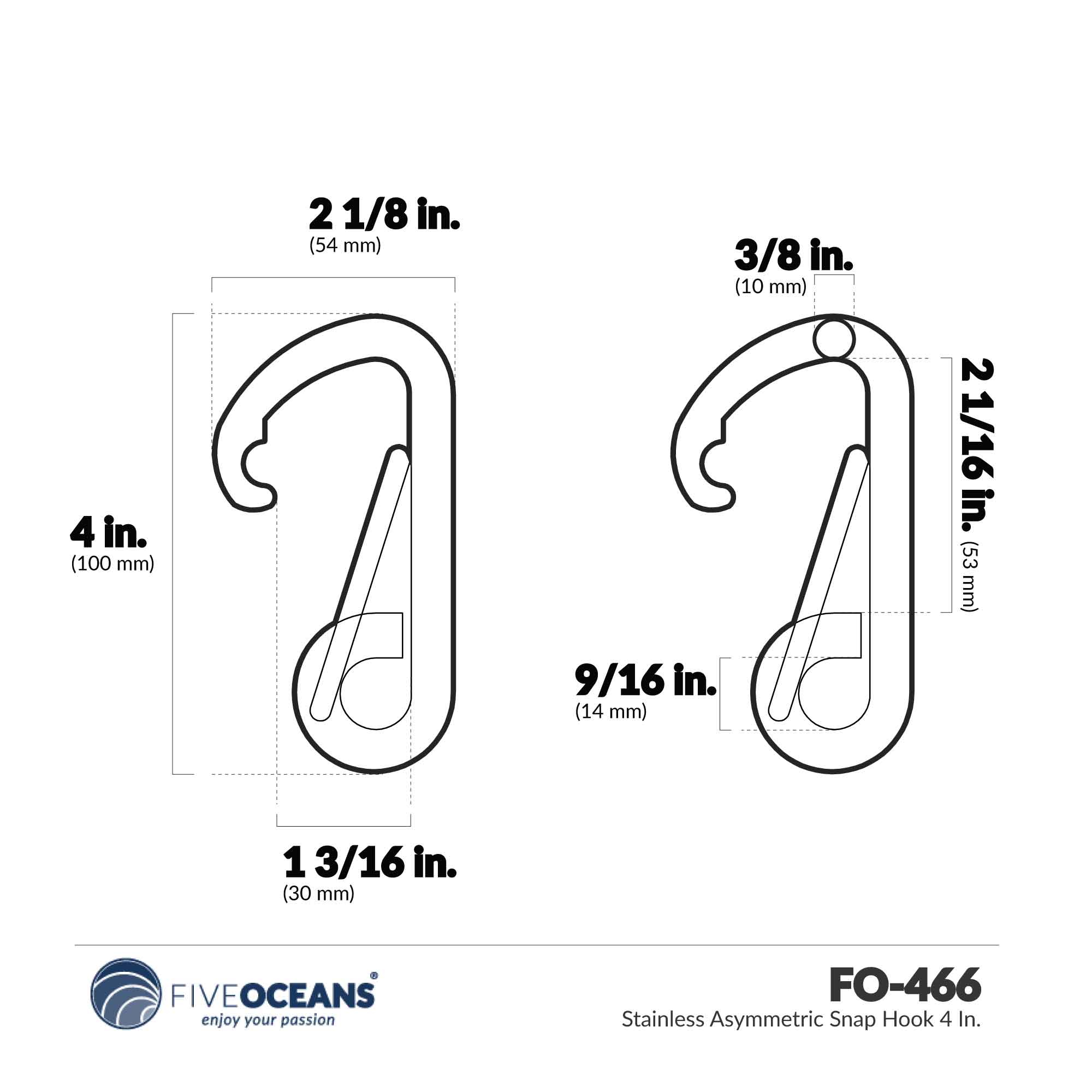 Asymmetric Snap Hook, Stainless Steel, 4" 2-Pack - FO466-M2 - Five Oceans