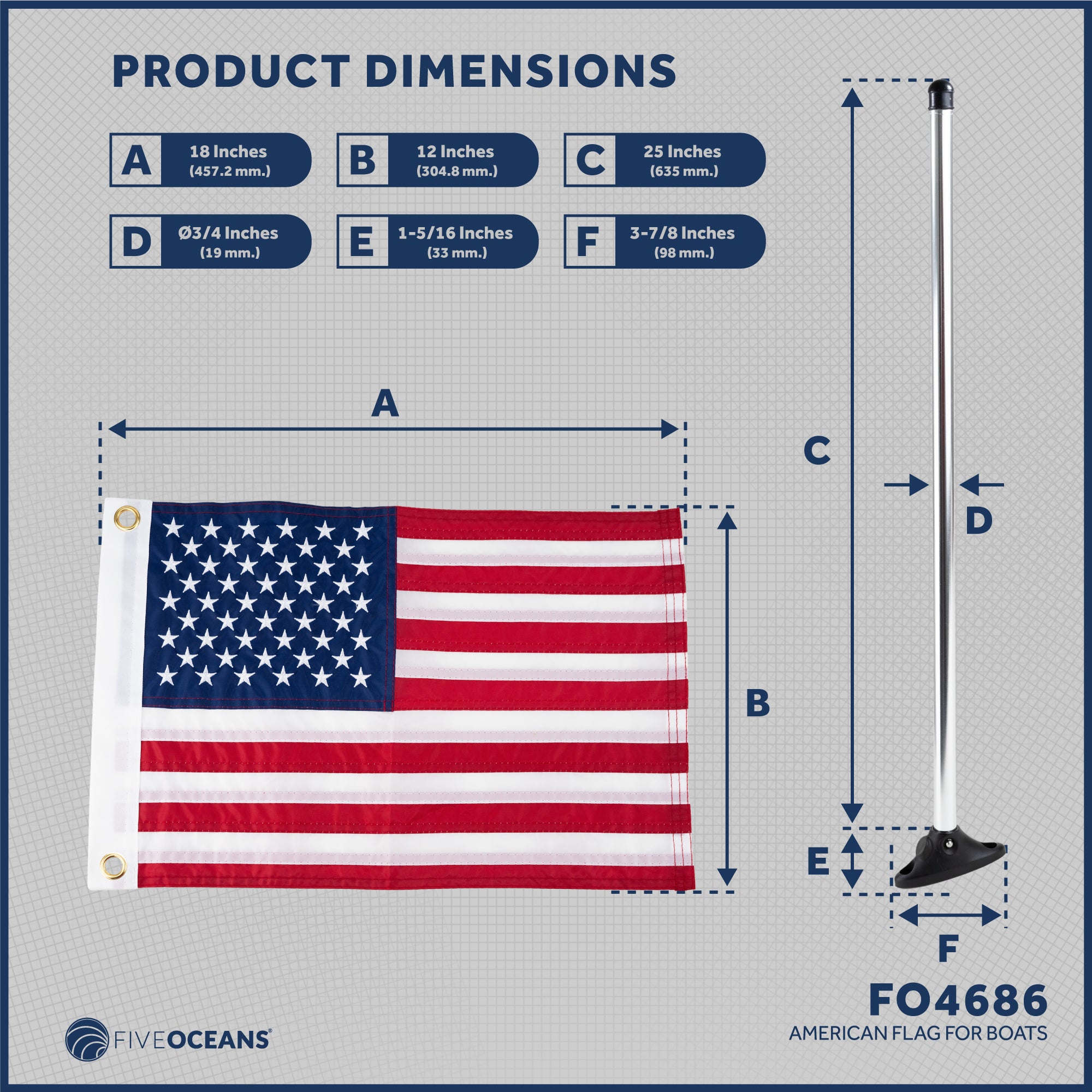 Boat Flag Pole Kit with American Flag 12"x18"- FO4686