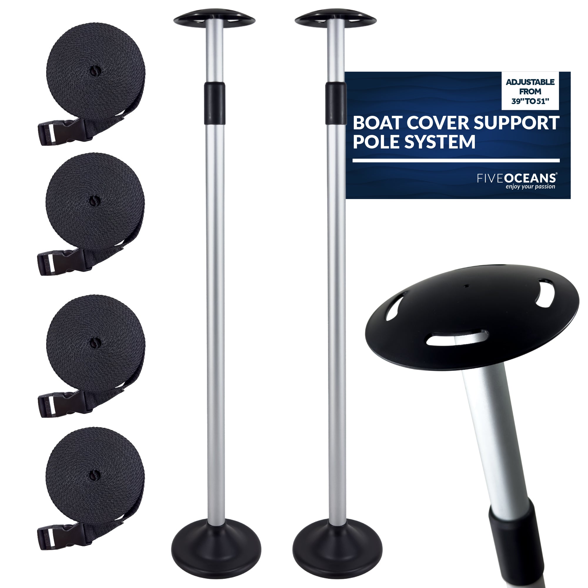 Boat Cover Support Pole System, Adjustable from 39" to 51", 2-Pack - FO4688-M2 - Five Oceans