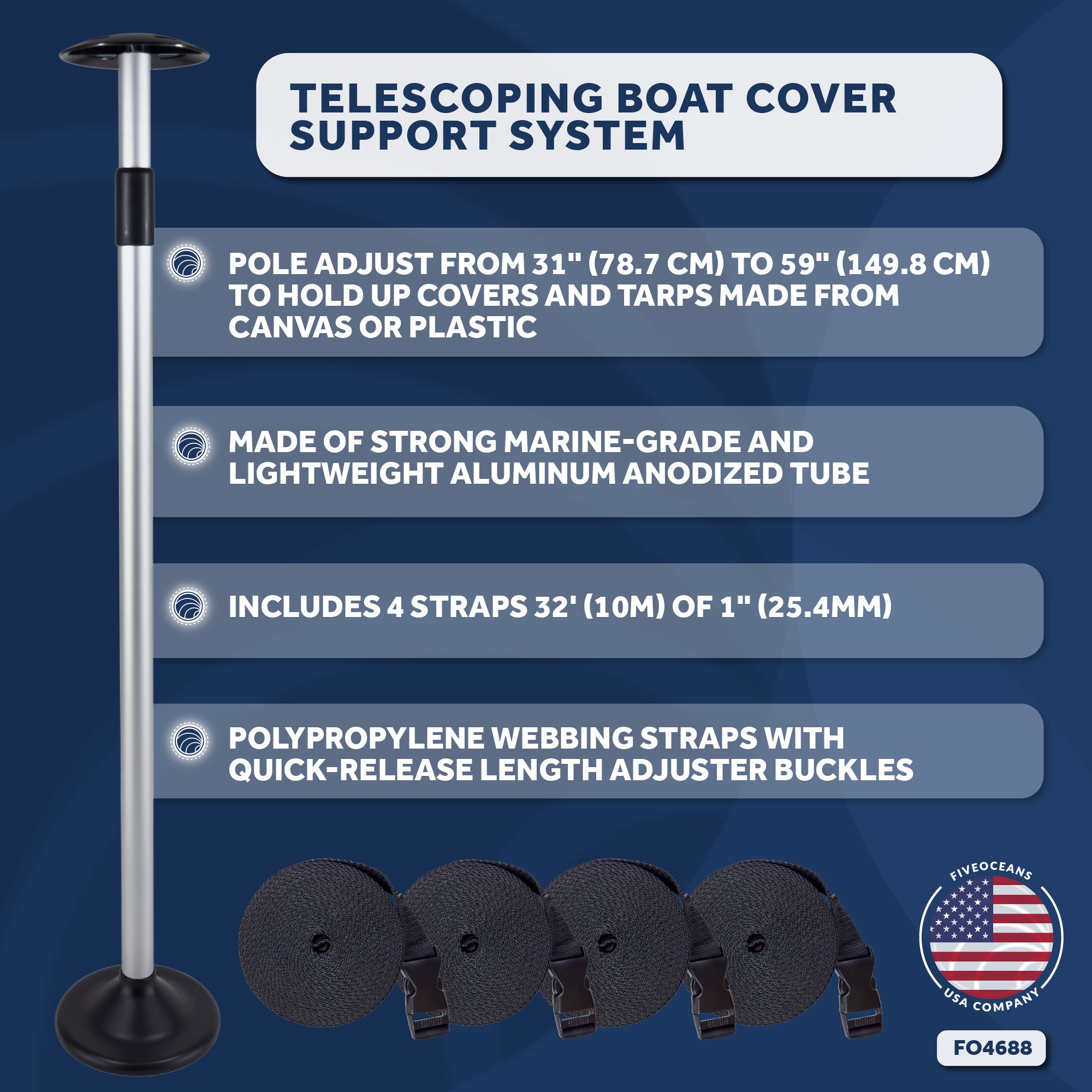 Boat Cover Support Pole System, Adjustable from 39" to 51", 2-Pack - FO4688-M2 - Five Oceans