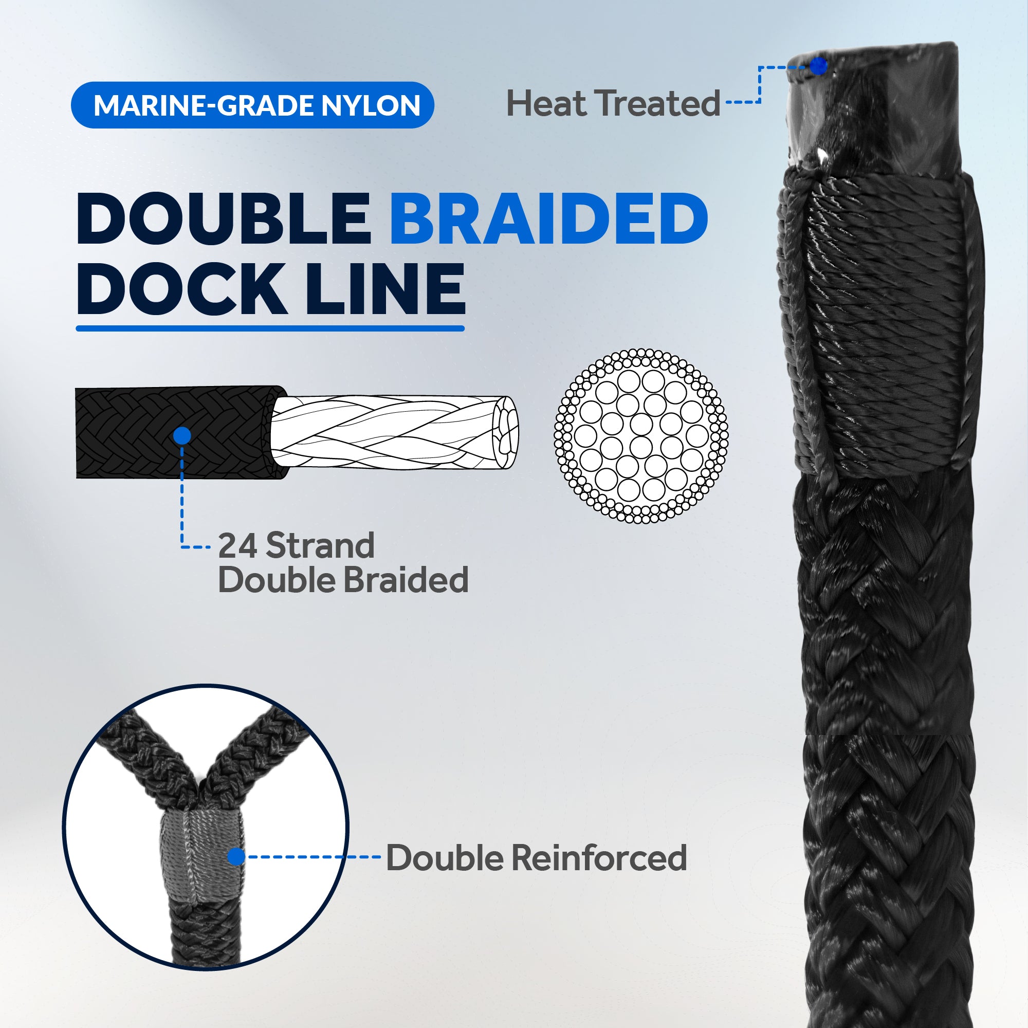 3/8" x 15' Boat Dock Lines with 12" Eyelet, 4-Pack, Black Premium Double Braid Nylon - FO4694