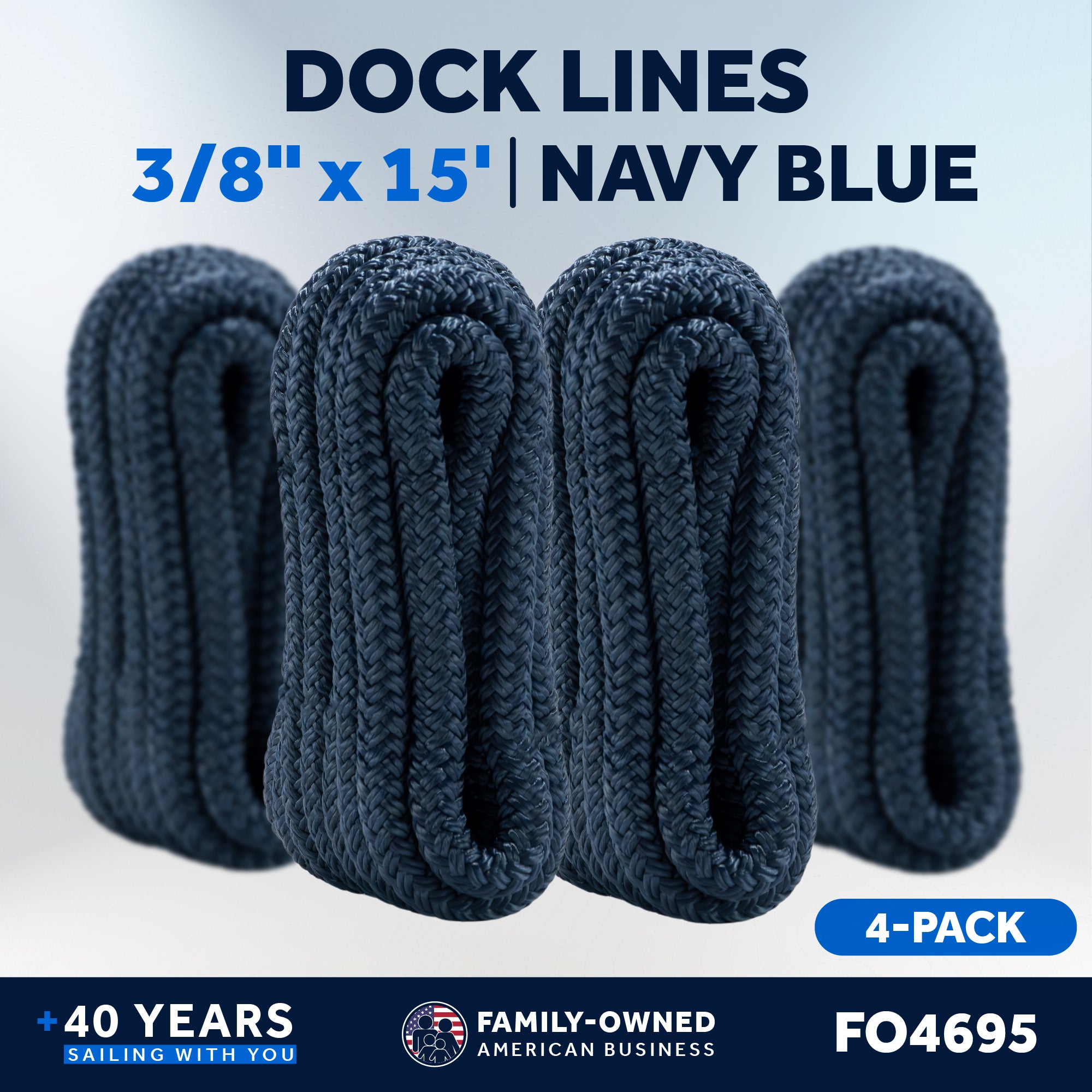 Five Oceans 4-Pack 3/8 inch x 15' Boat Dock Lines with 12 inch Eyelet, Marine-Grade Navy Blue Premium Double Braided Nylon Boat Rope 3/8 inch, Boat