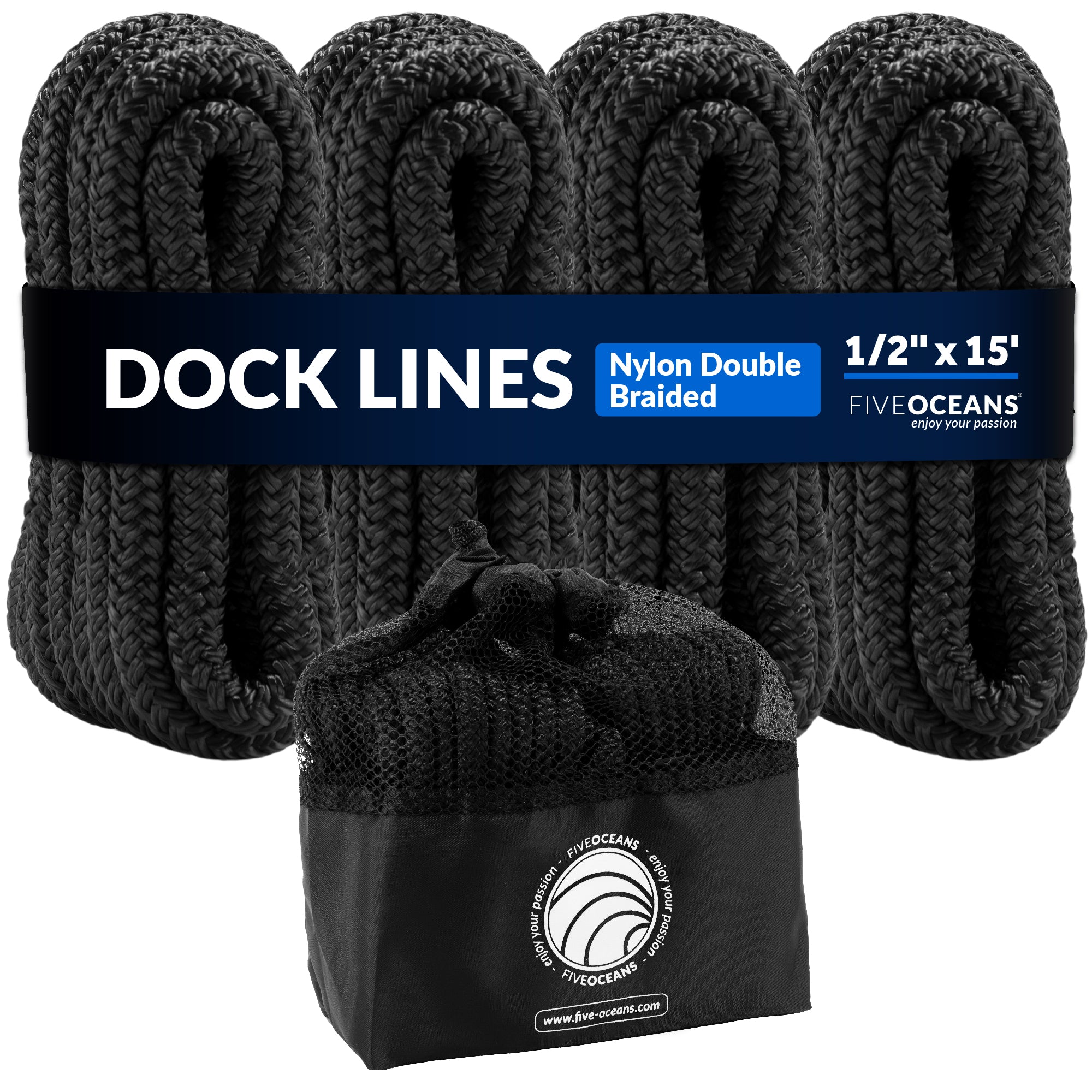 1/2" x 15' Boat Dock Lines with 12" Eyelet, 4-Pack, Black Premium Double Braid Nylon - FO4697