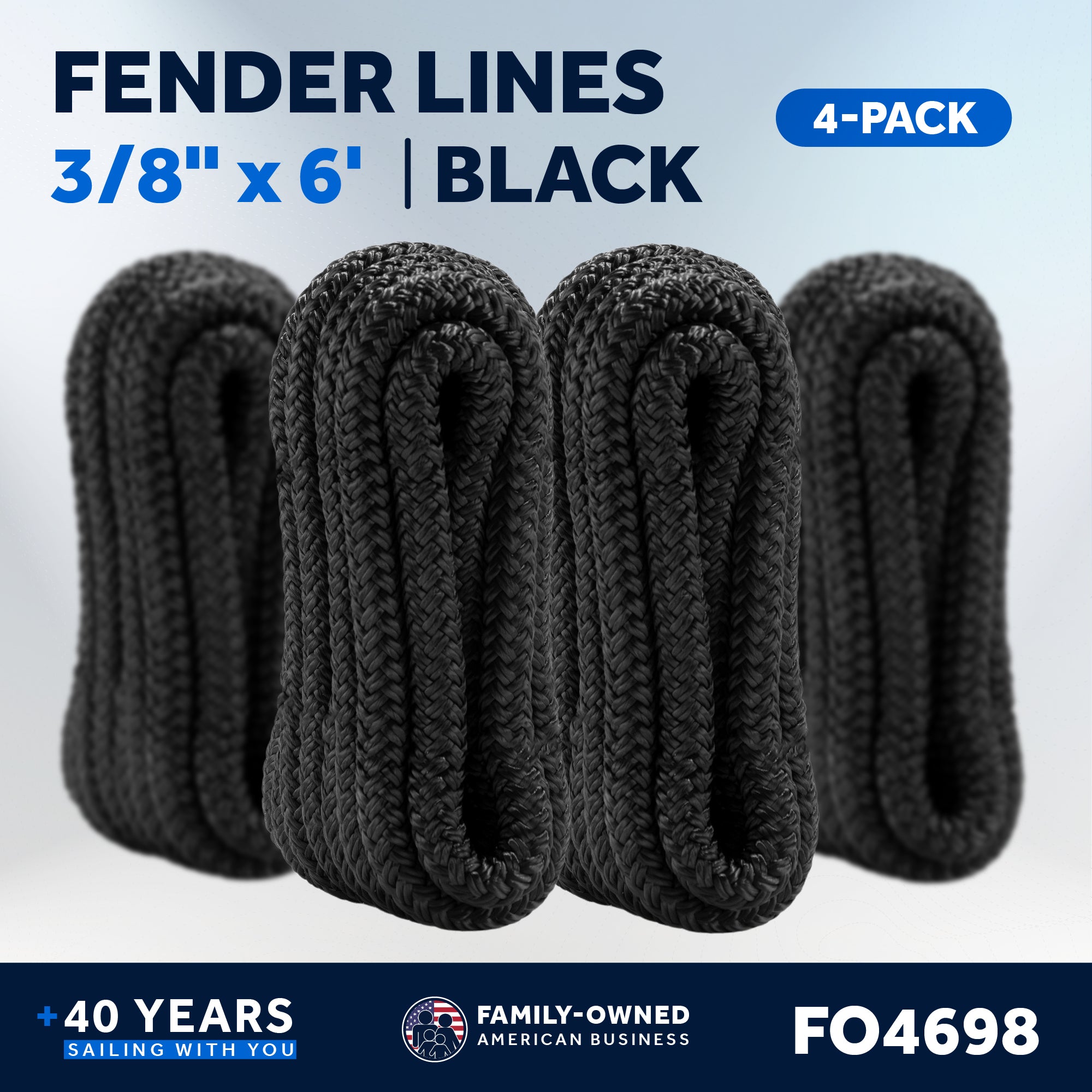 3/8" x 6' Boat Fender Lines with 5" Eyelet,  Black Premium Double Braid Nylon - FO4698