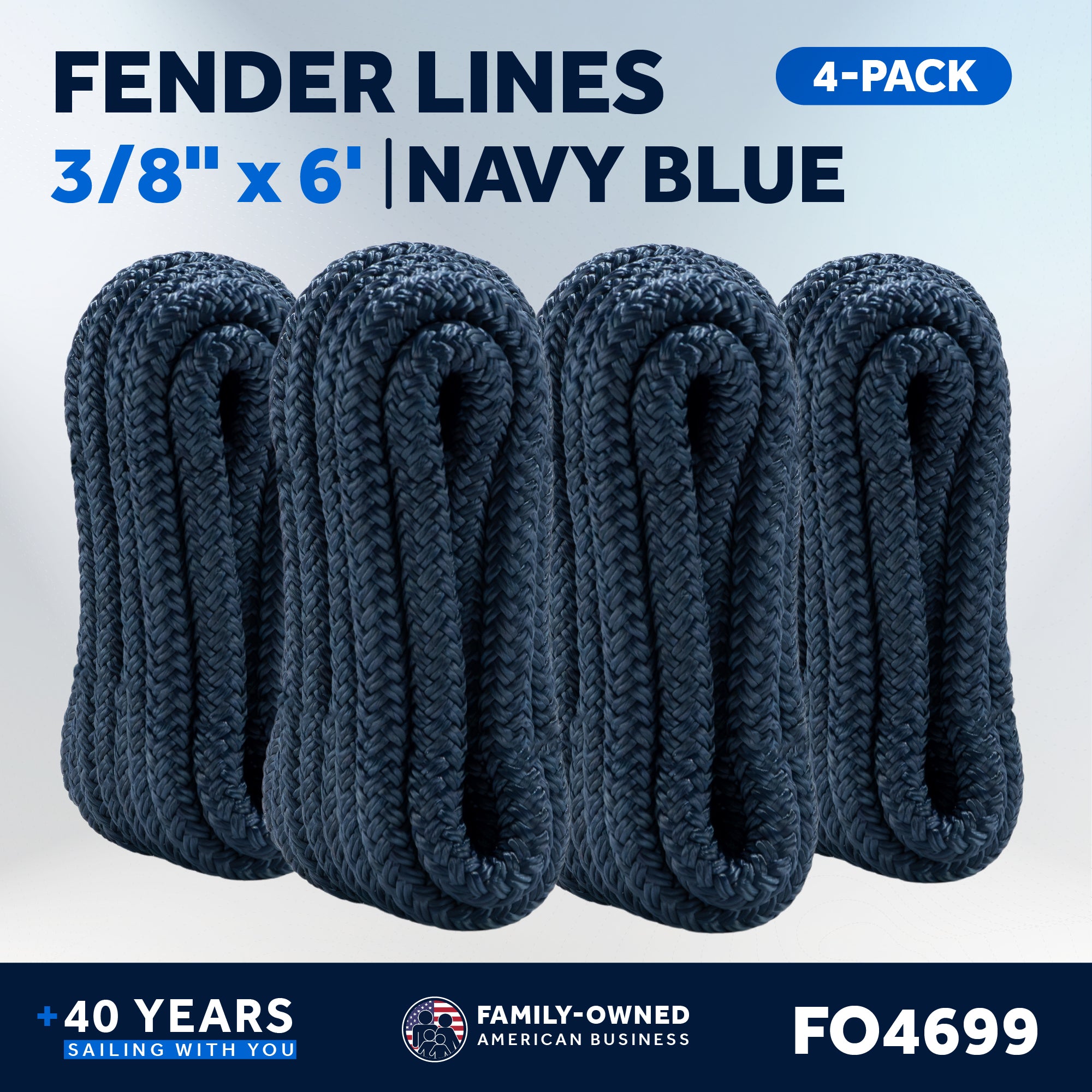 3/8" x 6' Boat Fender Lines with 5" Eyelet,  Navy Blue Premium Double Braid Nylon - FO4699