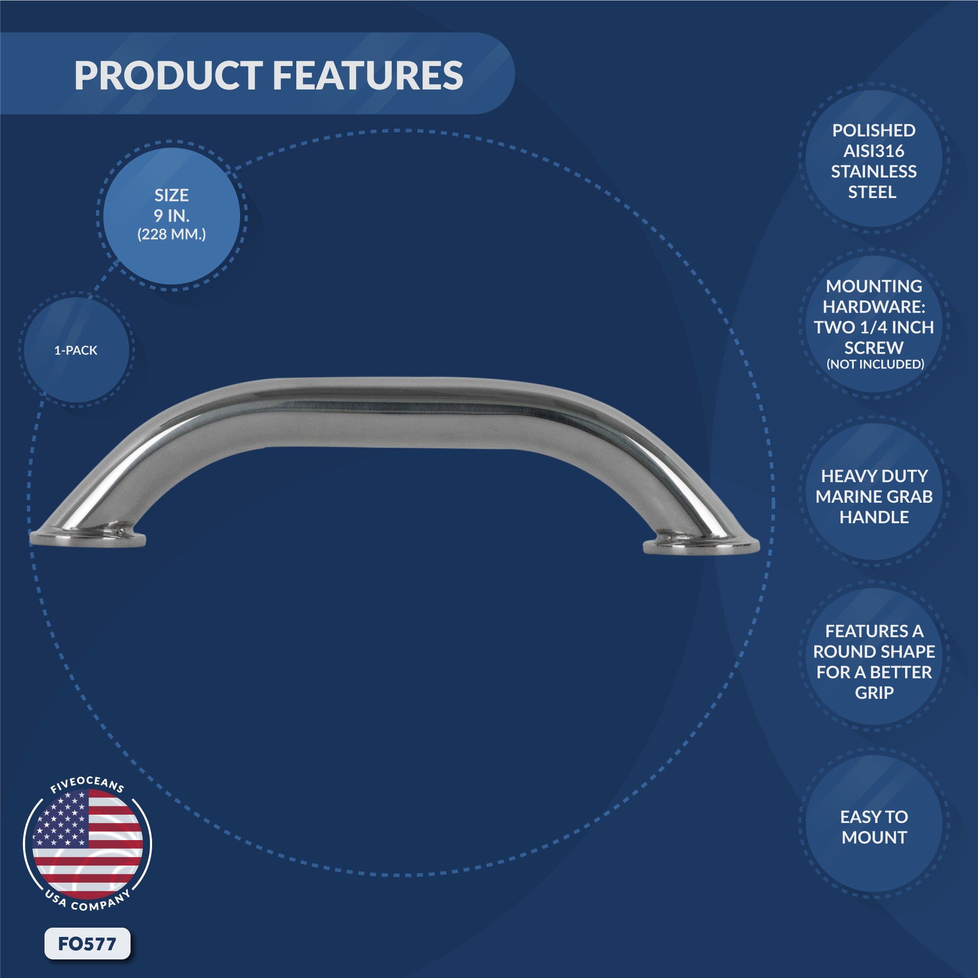 Boat Grab Handle, 9" Stainless Steel - FO577 - Five Oceans