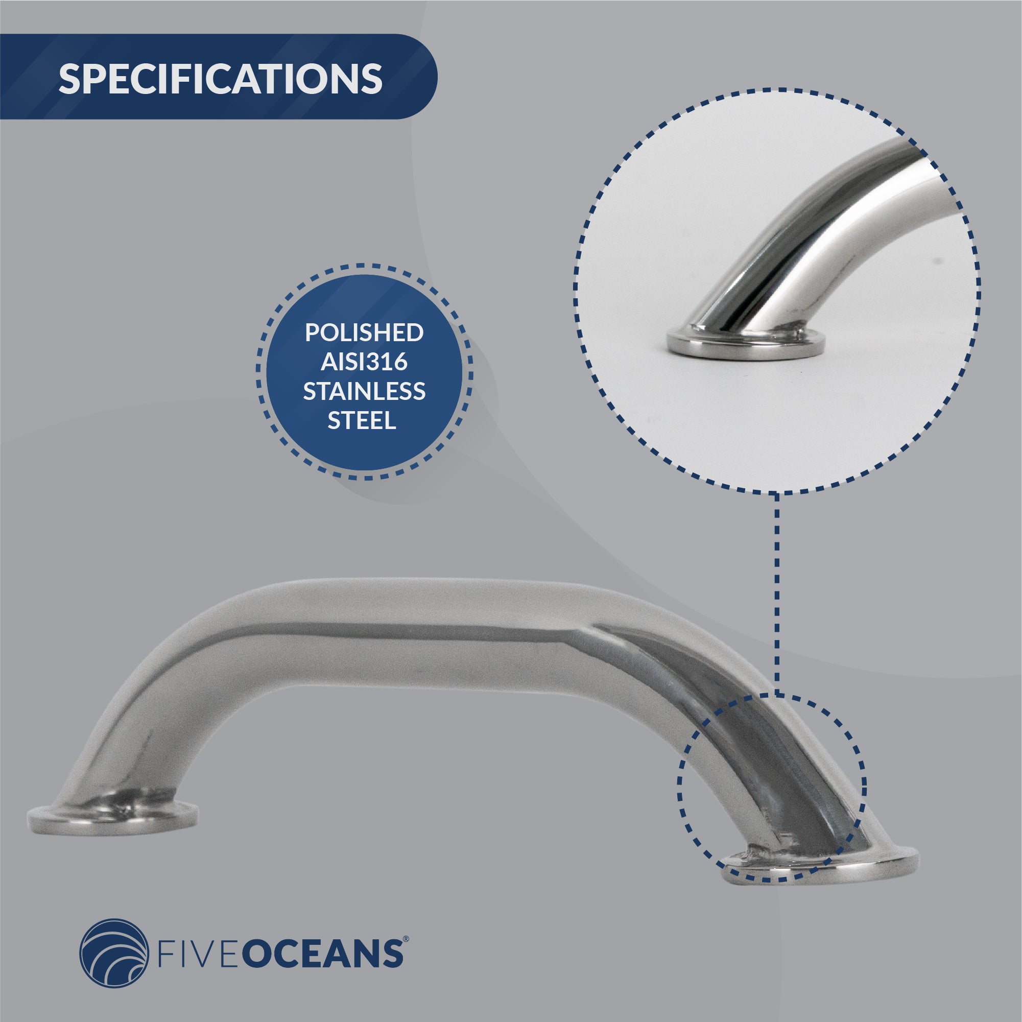 Boat Grab Handle, 9" Stainless Steel - FO577 - Five Oceans