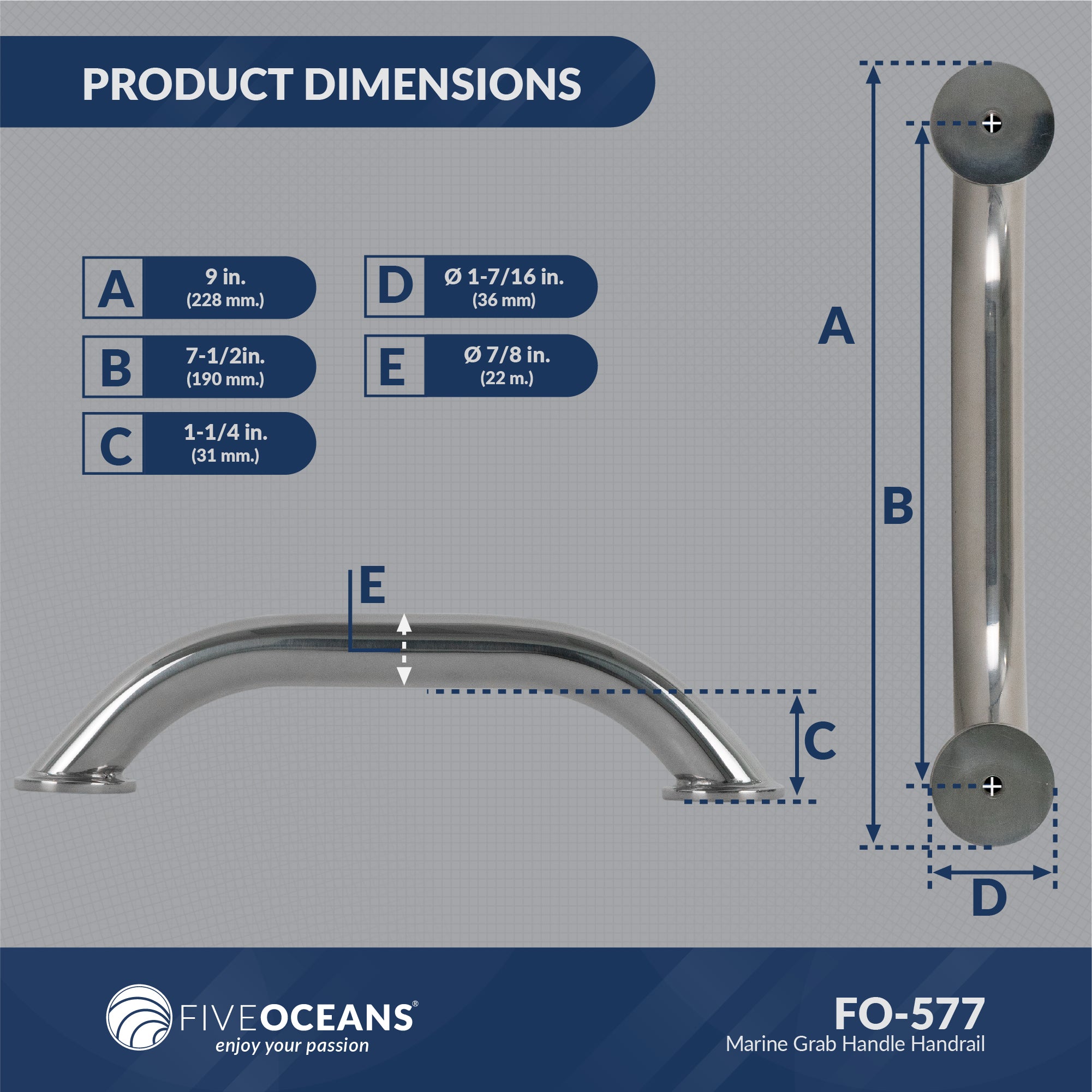 Boat Grab Handle, 9" Stainless Steel - FO577 - Five Oceans