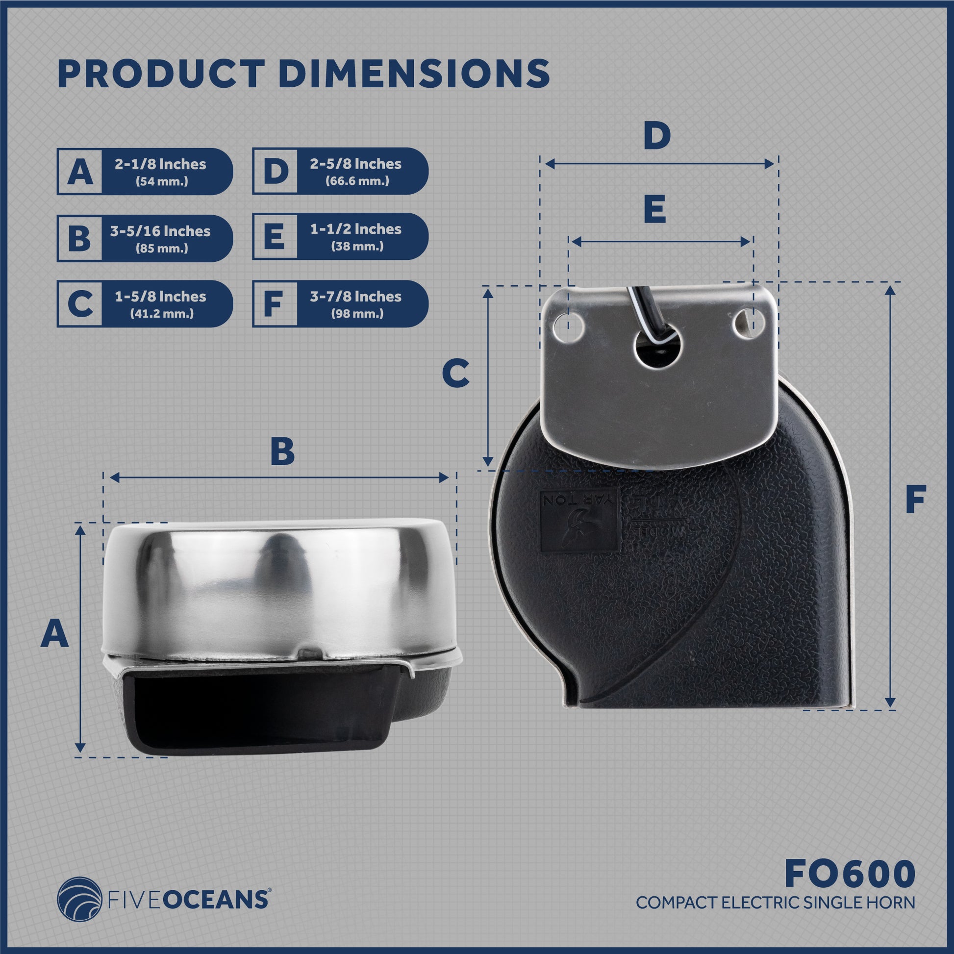 Boat Horn, 120 dB, Stainless Steel Cover, 12V - FO600 - Five Oceans