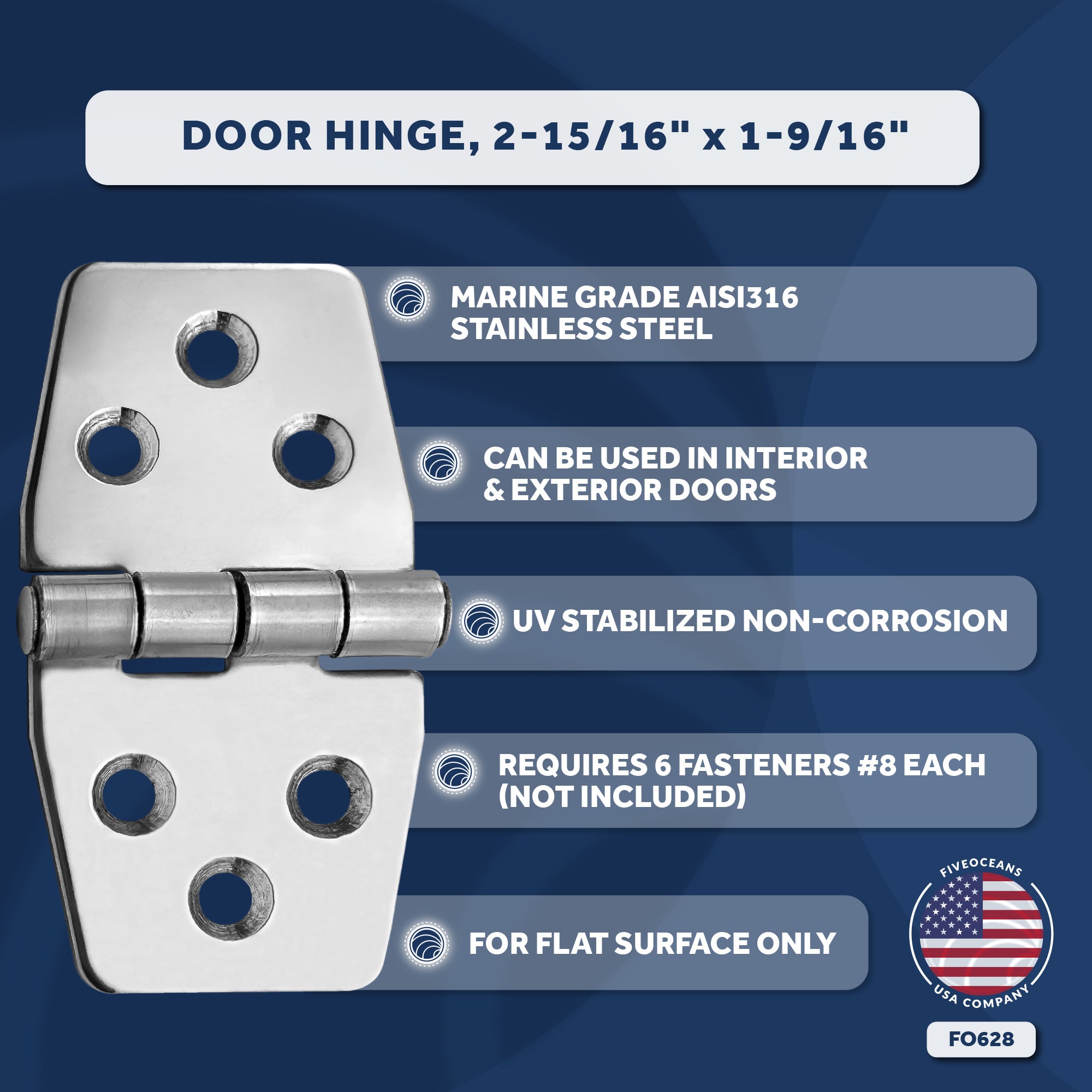 Door Hinge, 3" x 1-9/16", Stainless Steel - FO628
