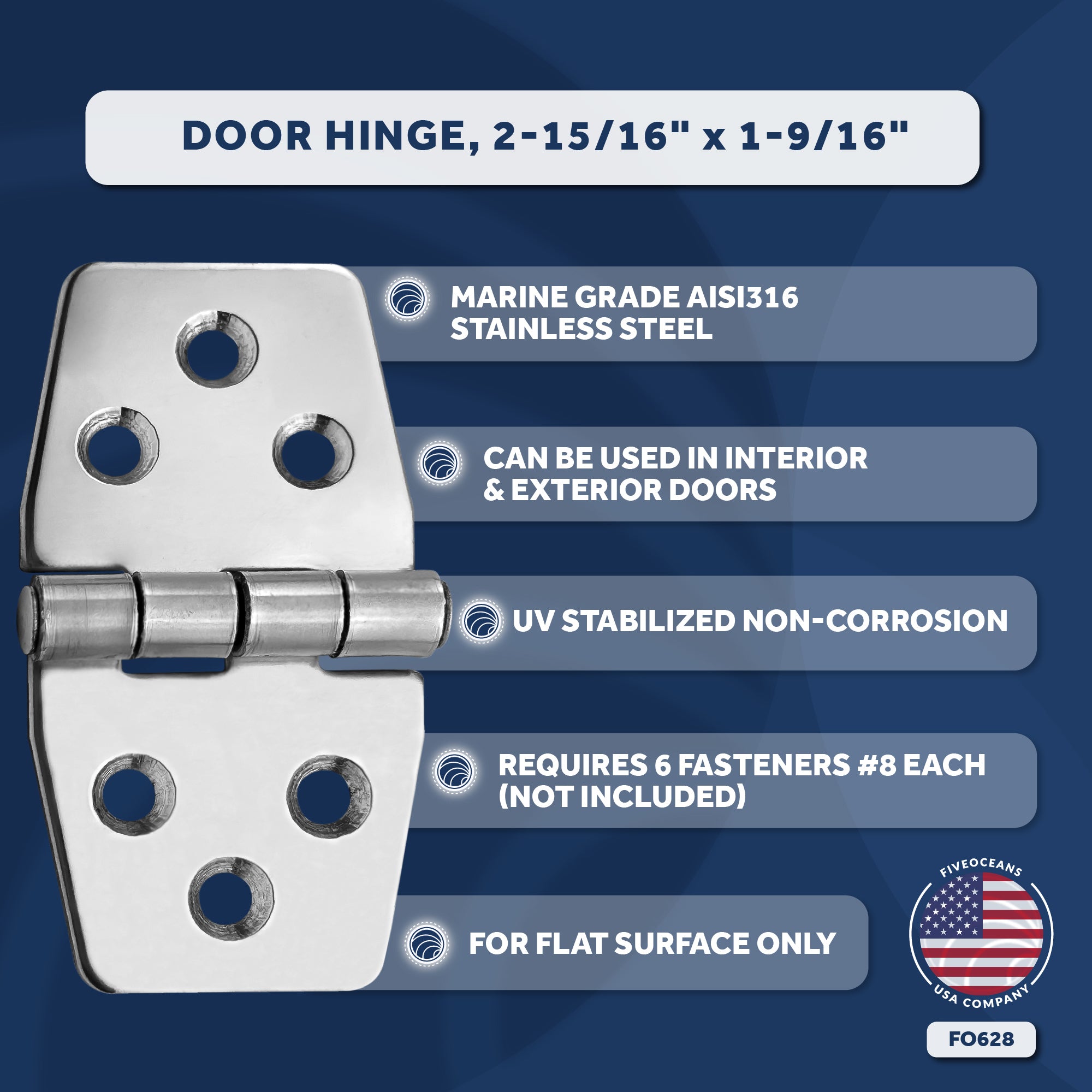 Door Hinge, 3" x 1-9/16", Stainless Steel - FO628 - Five Oceans