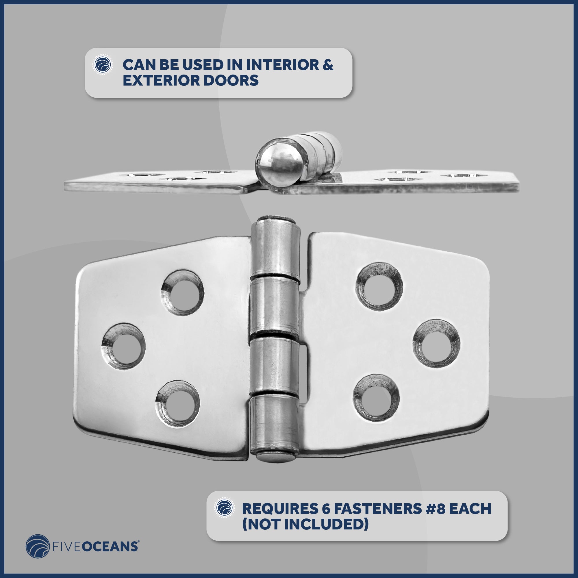 Door Hinge, 3" x 1-9/16", Stainless Steel - FO628 - Five Oceans
