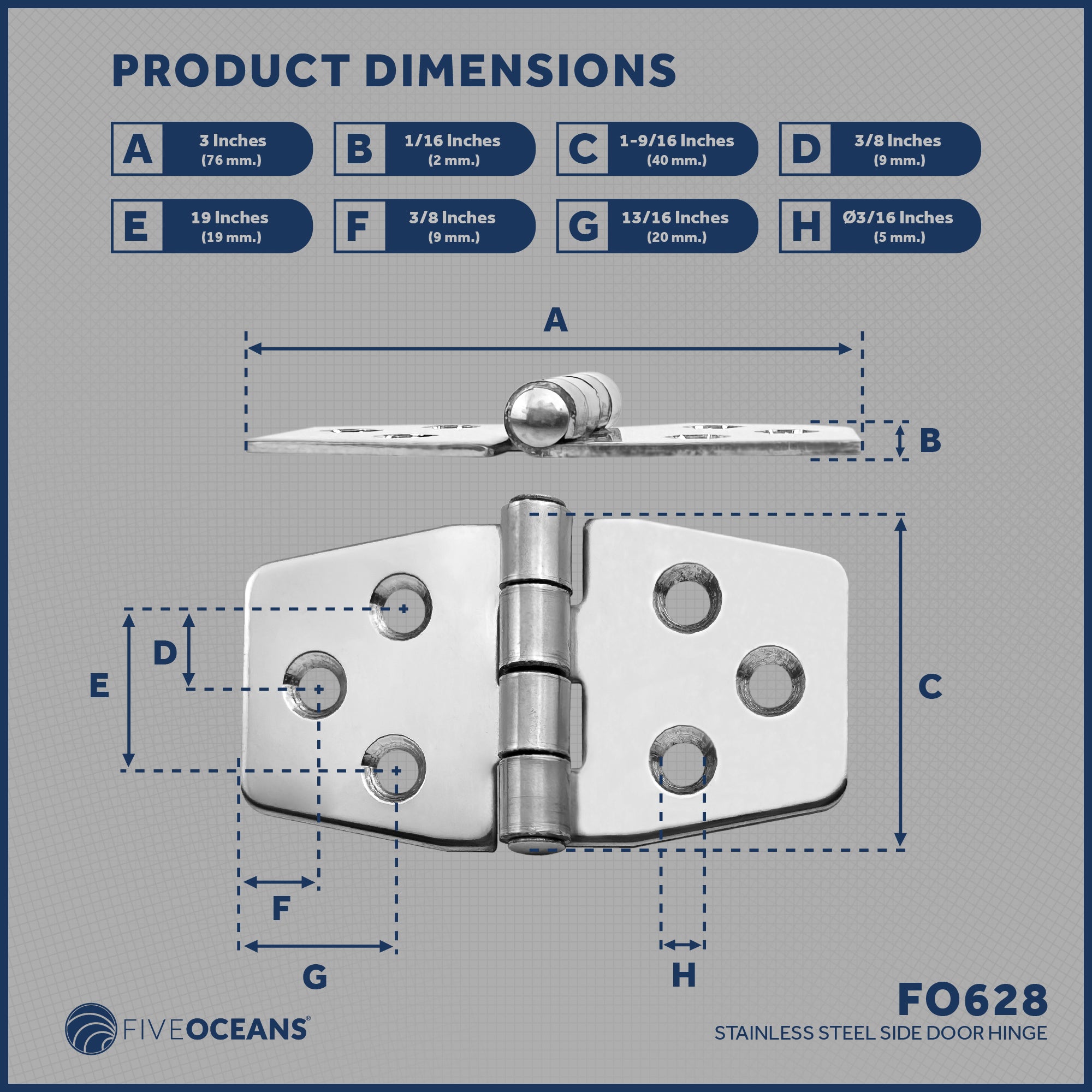 Door Hinge, 3" x 1-9/16", Stainless Steel - FO628 - Five Oceans