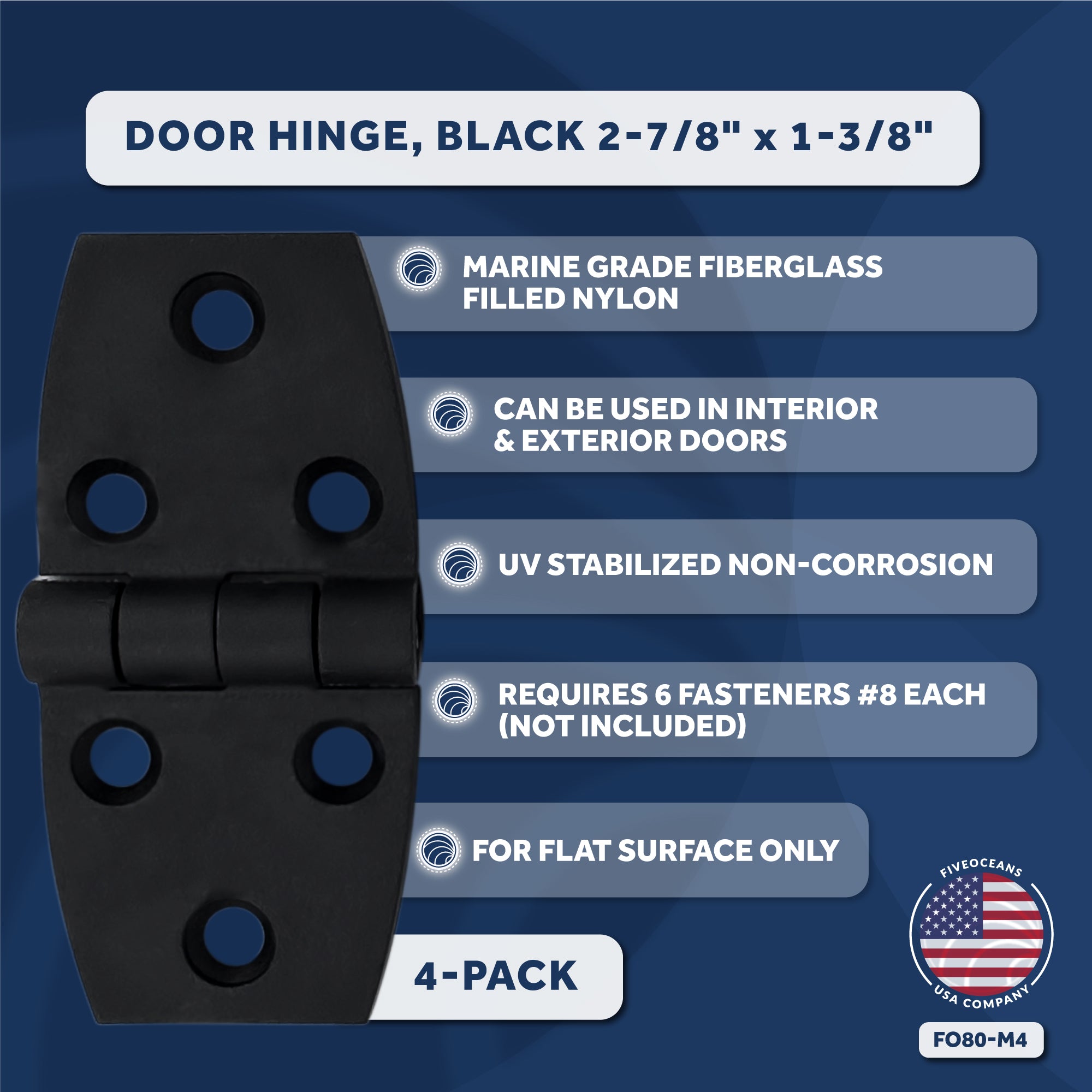 Door Hinge, Black 2-7/8" x 1-3/8", 4-Pack - FO80-M4