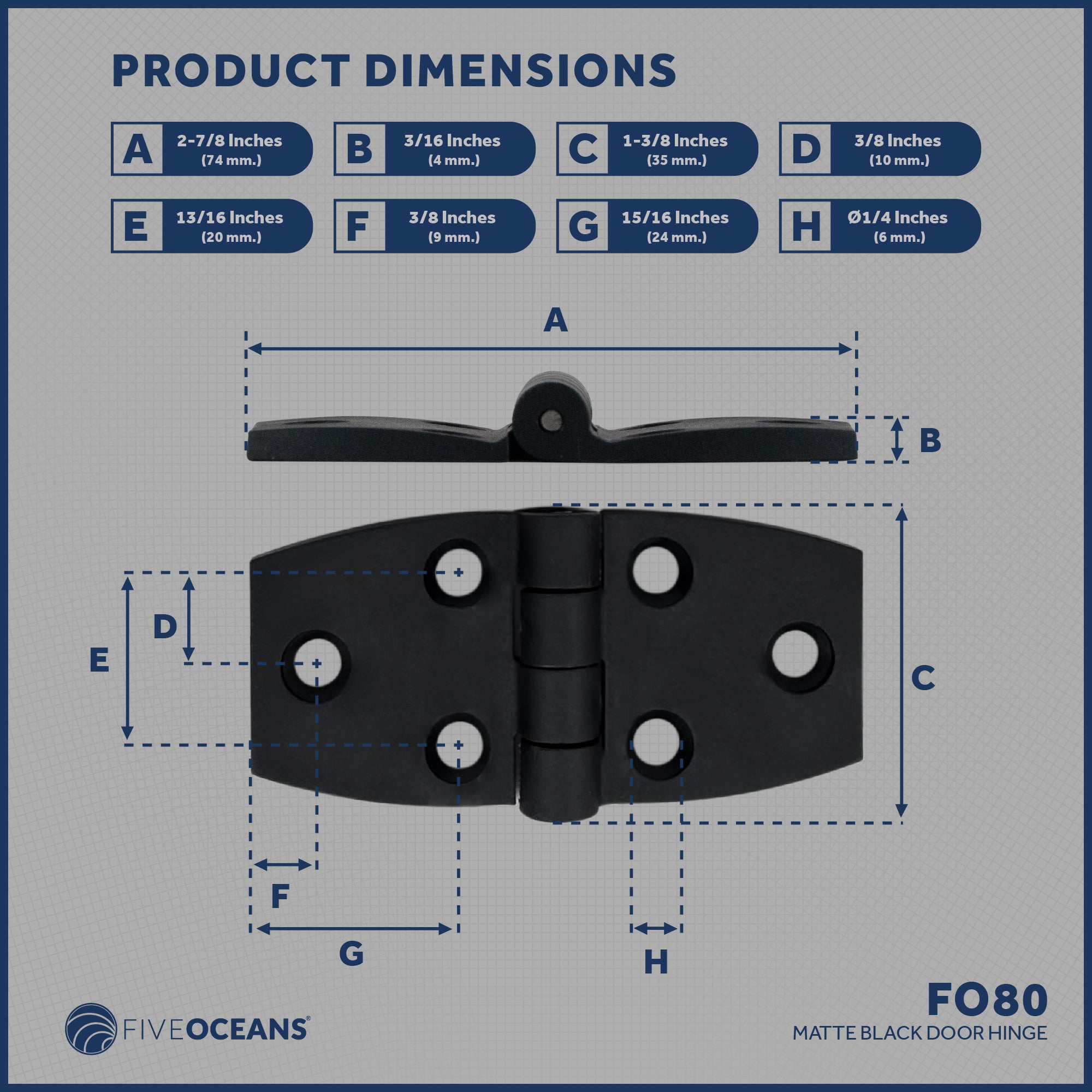 Door Hinge, 2-7/8" x 1-3/8", Black - FO80