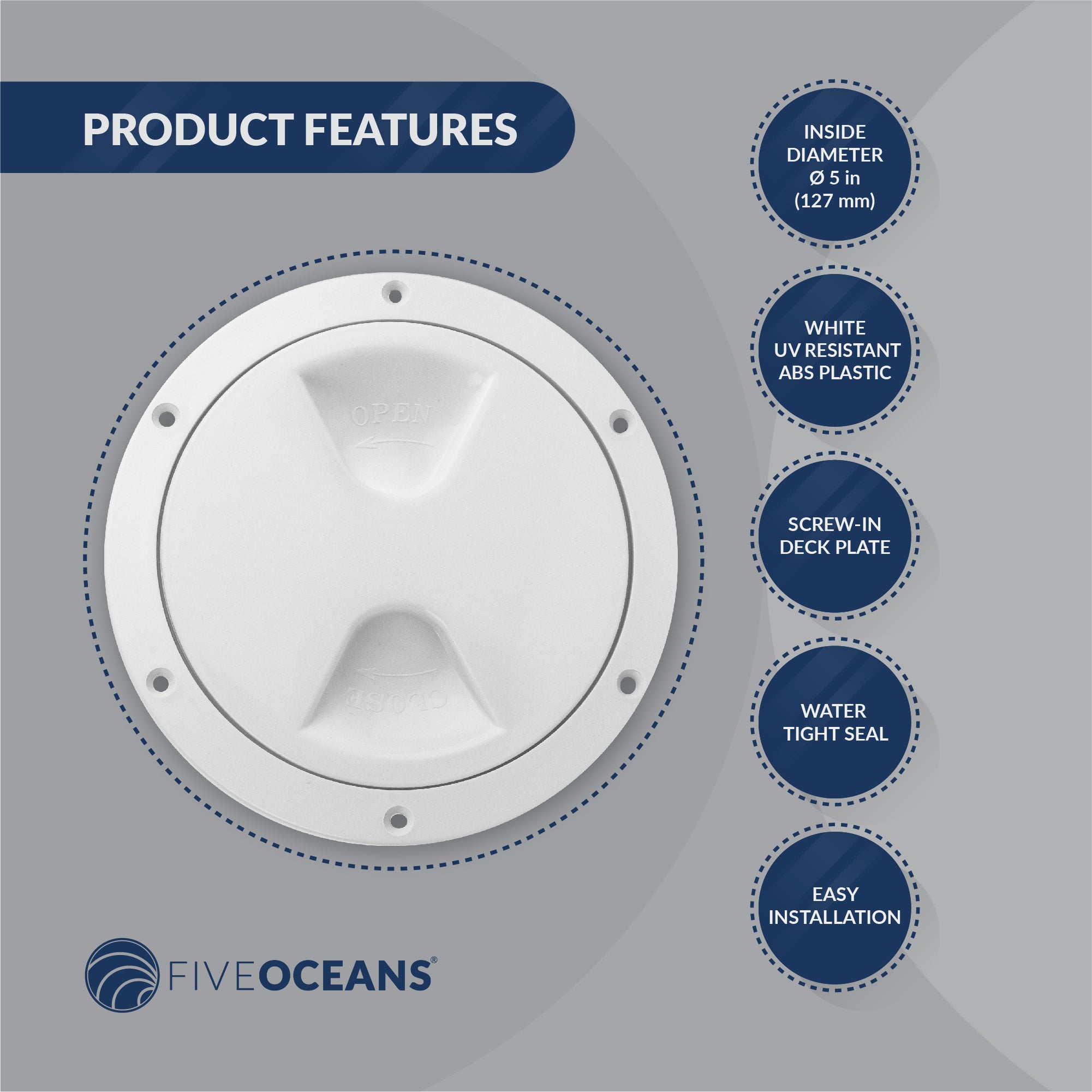 5" Deck Plate, Round Screw-in, White, 12-Pack - FO84-M12 - Five Oceans