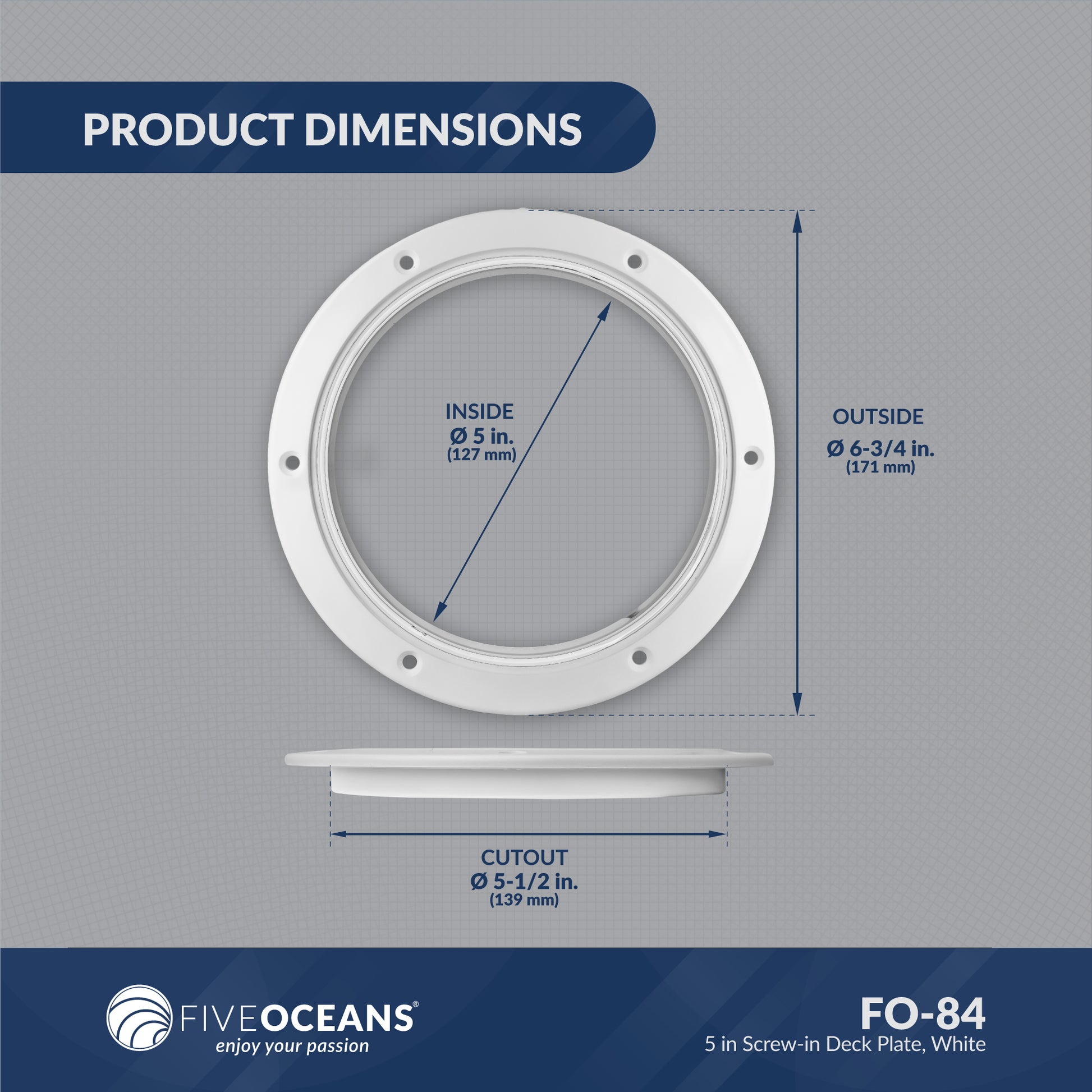 5" Deck Plate, Round Screw-in, White, 12-Pack - FO84-M12 - Five Oceans