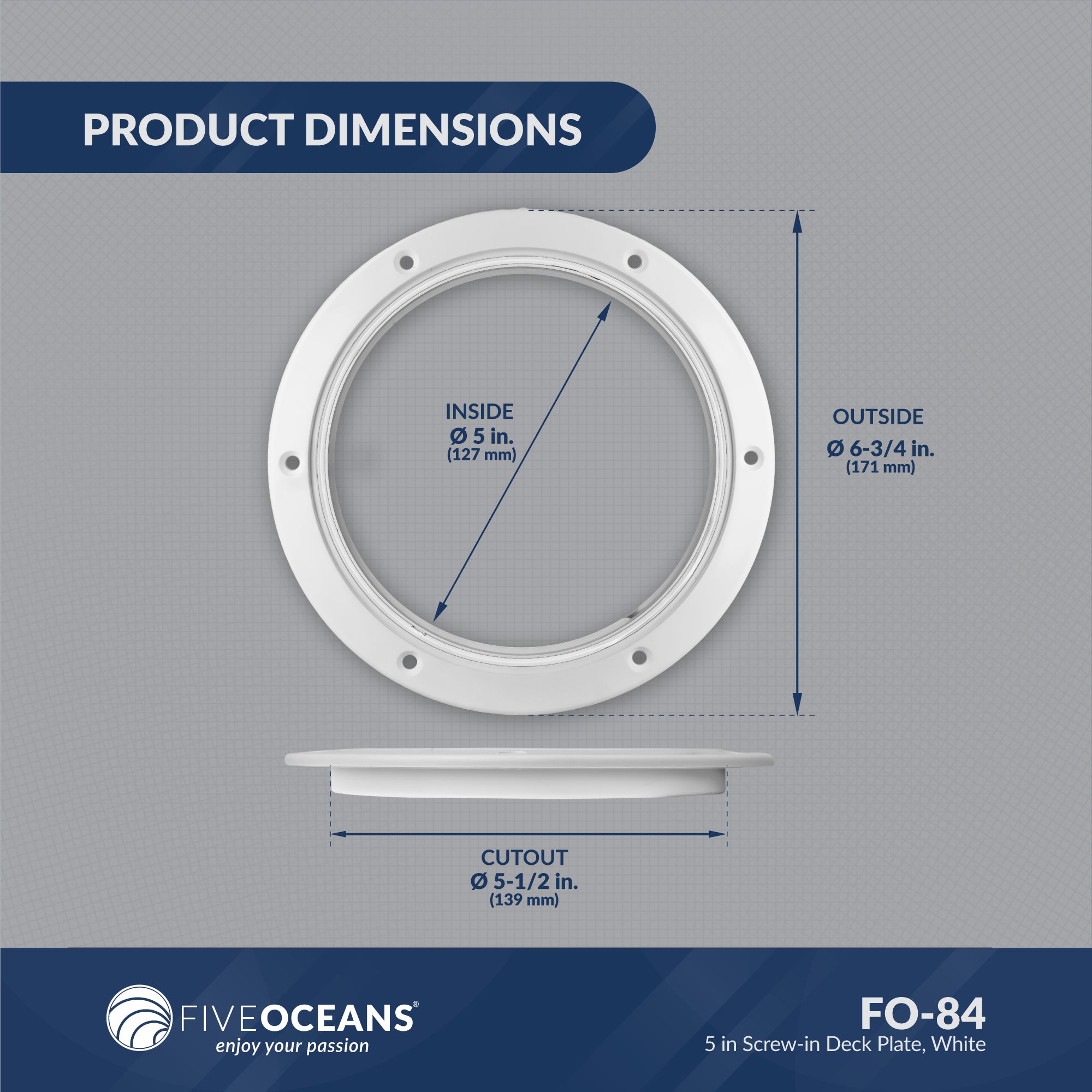 5" Deck Plate, Round Screw-in, White, 12-Pack - FO84-M12 - Five Oceans
