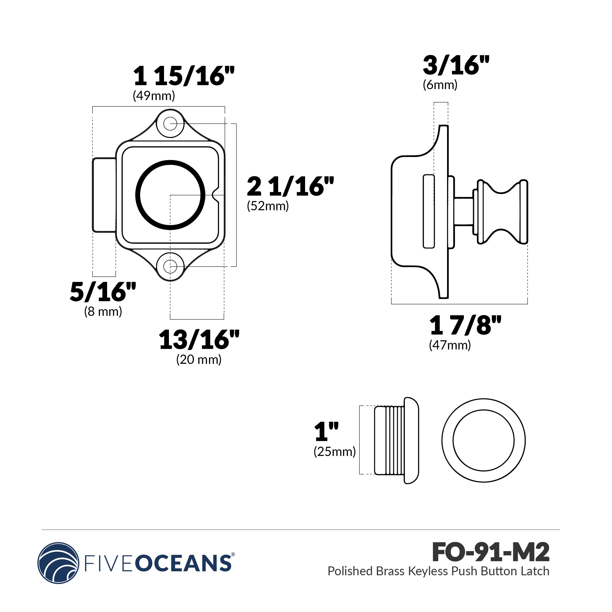 Keyless Push Button Latch, Polished Brass, 2-Pack - FO91-M2