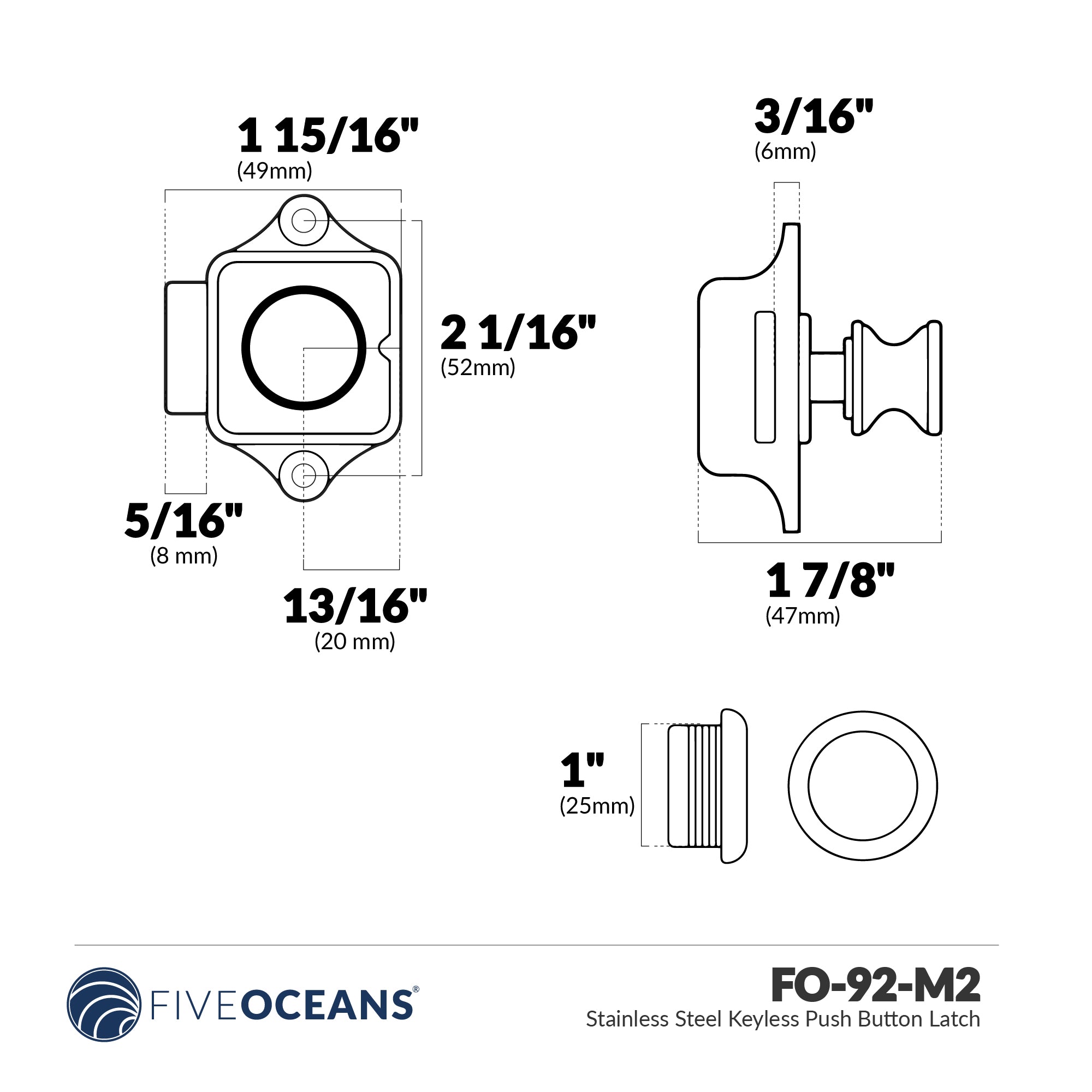 Keyless Push Button Latch, Stainless Steel, 2-Pack - FO92-M2